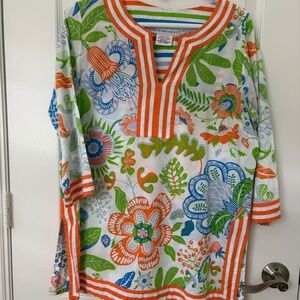 Gretchen Scott | Orange, Green, Blue & White Floral Cotton Tunic | Size Large
